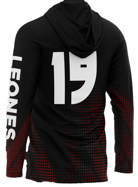 Black Leones hoodie with red dotted pattern, number 19, and lion head logo