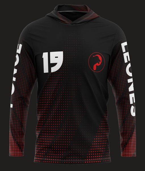 Black Leones hoodie with red dotted pattern, number 19, and lion head logo