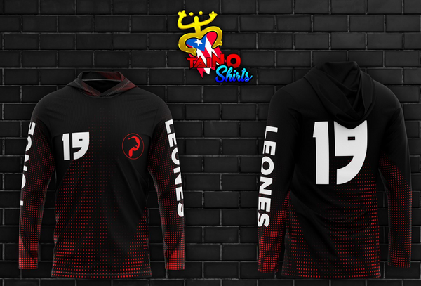 Black Leones hoodie with red dotted pattern, number 19, and lion head logo.