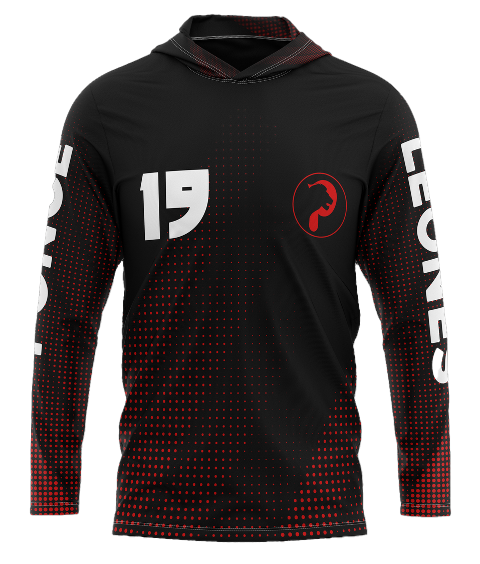 A black long-sleeve hoodie with red dots pattern and text, featuring the number 15 and a logo on the front.