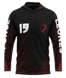 A black long-sleeve hoodie with red dots pattern and text, featuring the number 15 and a logo on the front.