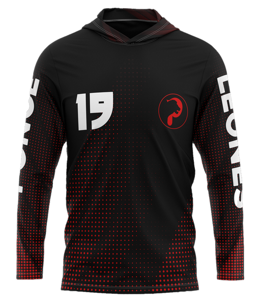A black long-sleeve hoodie with red dots pattern and text, featuring the number 15 and a logo on the front.