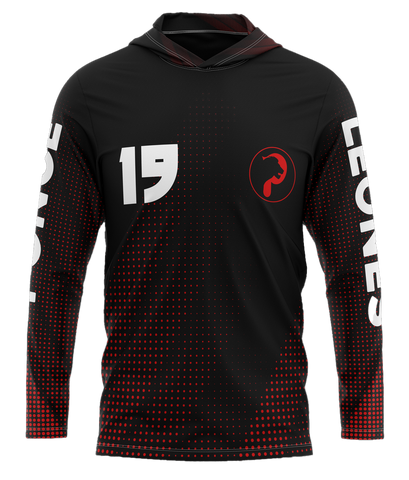 A black long-sleeve hoodie with red dots pattern and text, featuring the number 15 and a logo on the front.