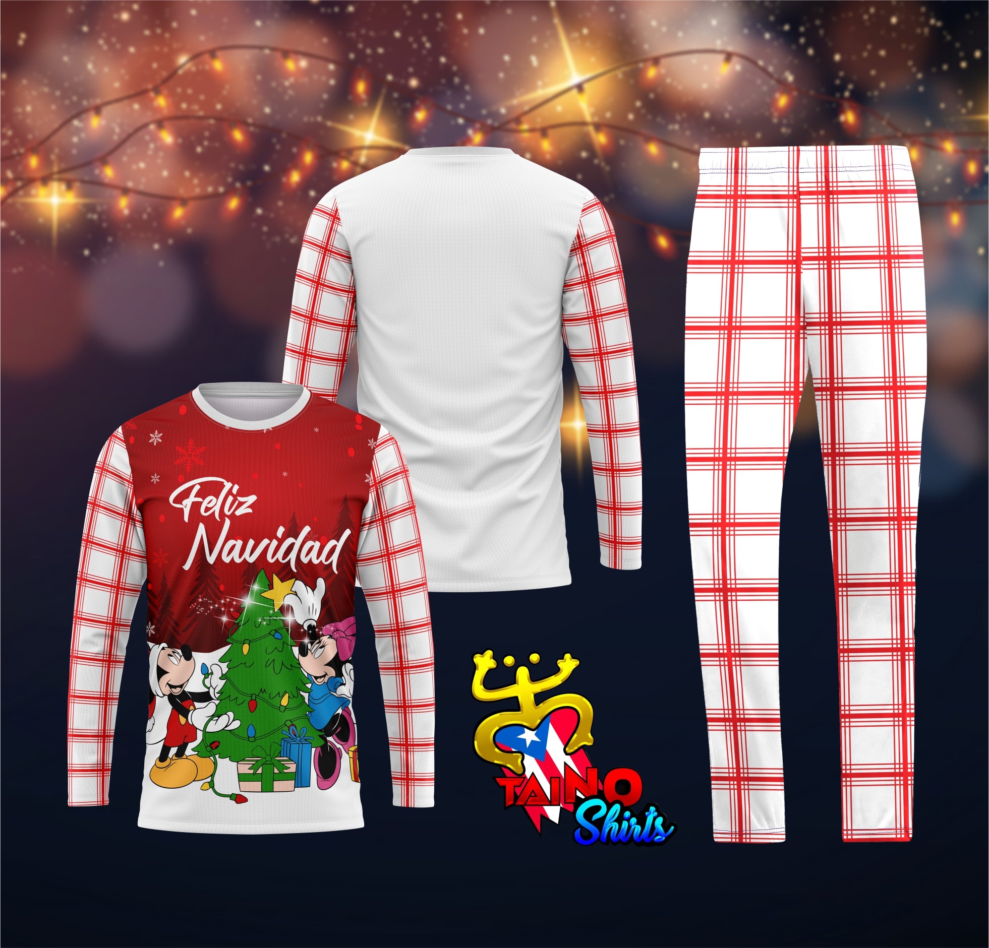A festive pajama set featuring a white long-sleeve top with Mickey and Minnie Mouse decorating a Christmas tree and "Feliz Navidad" text, red and white plaid sleeves and matching plaid pants, and the Taino Shirts logo with Puerto Rican flag elements, set against a starry background with lights.