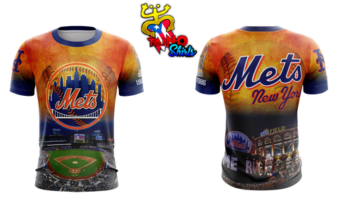 Front and back view of a New York Mets themed baseball t-shirt with vibrant graphics including the team logo and a representation of a baseball stadium.