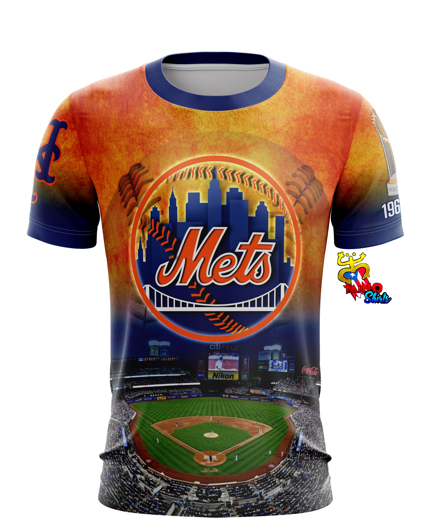 New York Mets baseball fan jersey featuring Citi Field stadium and Mets logo design by Taino Shirts
