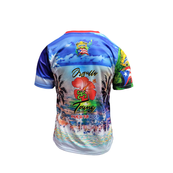 A colorful t-shirt celebrating "Orgullo Coquí Luquillo Puerto Rico" with a vibrant tropical design featuring a large red hibiscus flower, palm trees, a beach and ocean scene, Puerto Rican flag elements, and green accents, ideal for showing Puerto Rican pride and love for Luquillo's coastal vibes.