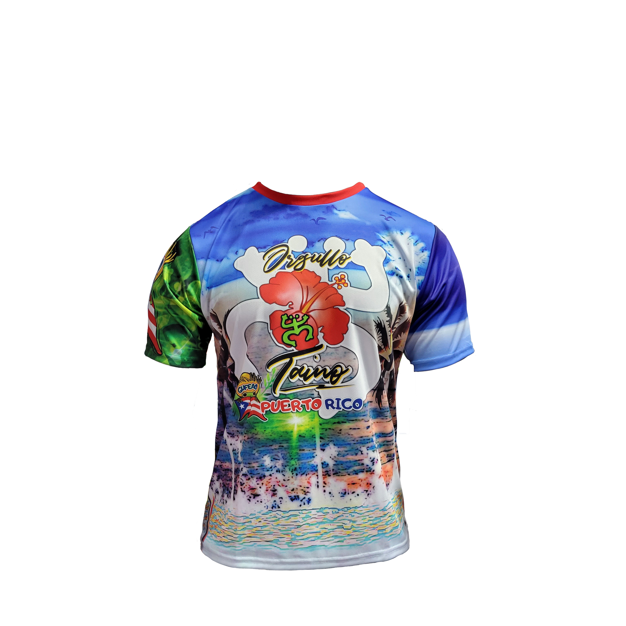 A colorful t-shirt celebrating "Orgullo Coquí Luquillo Puerto Rico" with a vibrant tropical design featuring a large red hibiscus flower, palm trees, a beach and ocean scene, Puerto Rican flag elements, and green accents, ideal for showing Puerto Rican pride and love for Luquillo's coastal vibes.