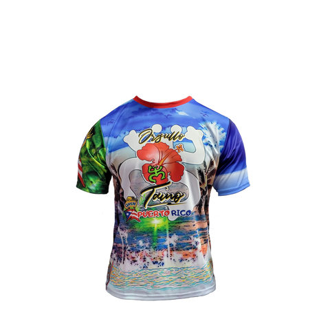 A colorful t-shirt celebrating "Orgullo Coquí Luquillo Puerto Rico" with a vibrant tropical design featuring a large red hibiscus flower, palm trees, a beach and ocean scene, Puerto Rican flag elements, and green accents, ideal for showing Puerto Rican pride and love for Luquillo's coastal vibes.