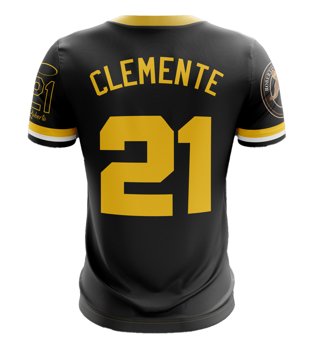 Black Pirates baseball jersey with 'PIRATES' and number 21, featuring Roberto Clemente and Hall of Fame patches.