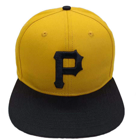 A yellow and black baseball snapback hat with the letter 'P' embroidered on the front.