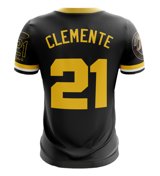 Black Pirates jersey with CLEMENTS 21, yellow accents, and Hall of Fame patch