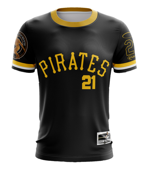 Black Pirates jersey with CLEMENTS 21, yellow accents, and Hall of Fame patch