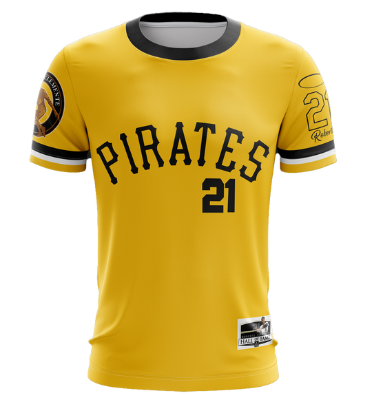 Yellow Pirates jersey with CLEMENTS 21, black accents, and Hall of Fame patch