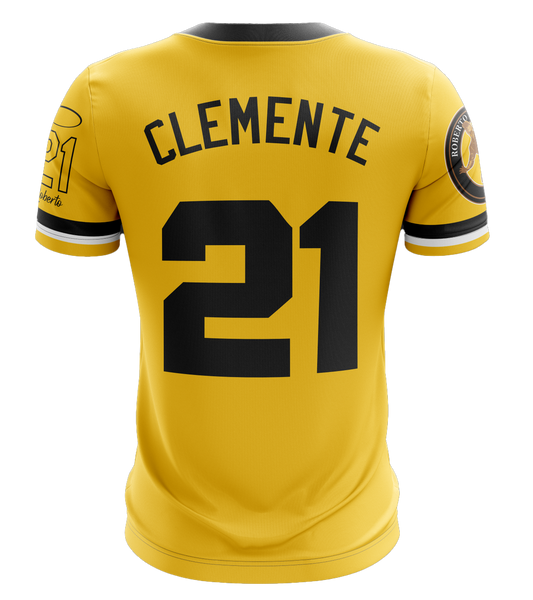 Yellow Pirates jersey with CLEMENTS 21, black accents, and Hall of Fame patch