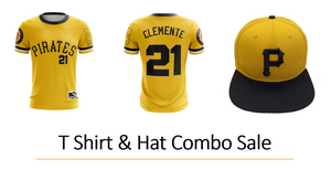 A set of sports fan apparel featuring a yellow and black baseball cap with a 'P' logo, and a short-sleeved yellow sports jersey with 'Pirates' and '21' printed on the back, along with the name 'Clemente'.