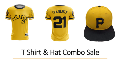 A set of sports fan apparel featuring a yellow and black baseball cap with a 'P' logo, and a short-sleeved yellow sports jersey with 'Pirates' and '21' printed on the back, along with the name 'Clemente'.