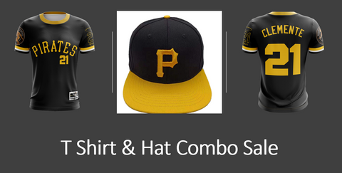 A combo of a black and yellow baseball cap with 'P' logo and a black T-shirt with 'Pirates' and 'Clemente' text and number '21' on it.