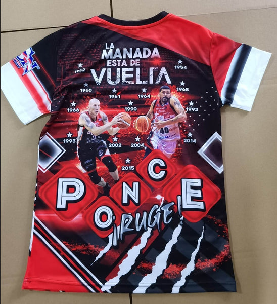 Front and back view of the 2025 Ponce Leones BSN basketball jersey, featuring a bold red lion graphic with a basketball, the team name 'Ponce Leones,' and the BSN logo. The back design includes 'La Manada de Ponce' text, player action imagery, and championship years (1952, 1960, 1992, etc.), with a Puerto Rican flag and 'Gufao' mascot emblem in the center.