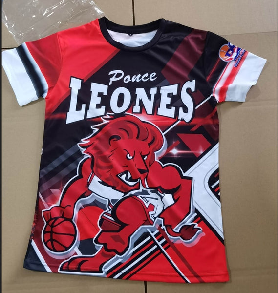 Front and back view of the 2025 Ponce Leones BSN basketball jersey, featuring a bold red lion graphic with a basketball, the team name 'Ponce Leones,' and the BSN logo. The back design includes 'La Manada de Ponce' text, player action imagery, and championship years (1952, 1960, 1992, etc.), with a Puerto Rican flag and 'Gufao' mascot emblem in the center.