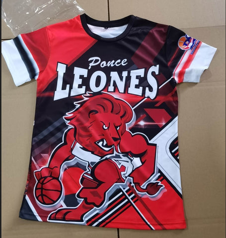 Front and back view of the 2025 Ponce Leones BSN basketball jersey, featuring a bold red lion graphic with a basketball, the team name 'Ponce Leones,' and the BSN logo. The back design includes 'La Manada de Ponce' text, player action imagery, and championship years (1952, 1960, 1992, etc.), with a Puerto Rican flag and 'Gufao' mascot emblem in the center.
