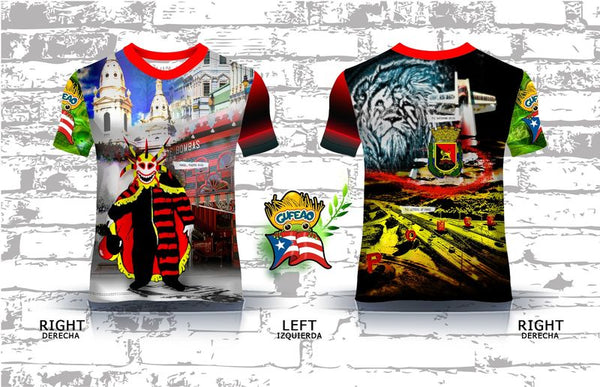 A vibrant t-shirt celebrating Ponce, Puerto Rico, with front and back designs. The front features a colorful Vejigante character in traditional red and black stripes, set against a backdrop of historic Ponce architecture and the "Bombas de Ponce" sign. The back showcases a tiger graphic, a lighthouse, and a yellow road with the Puerto Rican flag emblem, ideal for showcasing Ponce pride and Puerto Rican culture.