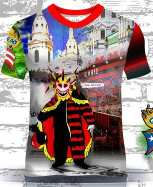 A vibrant t-shirt celebrating Ponce, Puerto Rico, with front and back designs. The front features a colorful Vejigante character in traditional red and black stripes, set against a backdrop of historic Ponce architecture and the "Bombas de Ponce" sign. The back showcases a tiger graphic, a lighthouse, and a yellow road with the Puerto Rican flag emblem, ideal for showcasing Ponce pride and Puerto Rican culture.