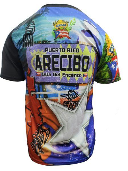 Vibrant front and back design of a Puerto Rican shirt featuring "La Villa del Capitán Correa" with the Arecibo lighthouse, Puerto Rican flag, and Gufeao mascot, celebrating Arecibo's heritage and culture.