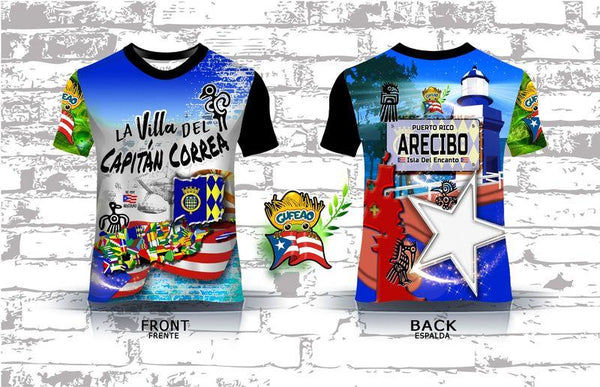 Vibrant front and back design of a Puerto Rican shirt featuring "La Villa del Capitán Correa" with the Arecibo lighthouse, Puerto Rican flag, and Gufeao mascot, celebrating Arecibo's heritage and culture.