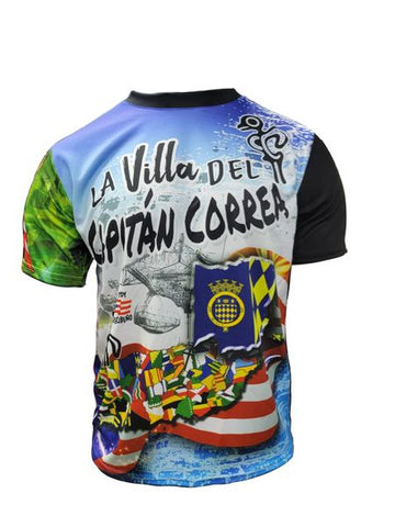 A unisex dry-fit shirt with a graphic print featuring the text 'LA VILLA DEL CAPITAN CORREA' and imagery related to Arecibo, Puerto Rico.