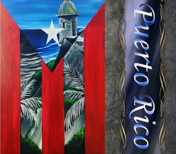 2025 Puerto Rico artwork featuring a vibrant painting with the Puerto Rican flag, a historic tower by the ocean, palm trees, and a blue sky, accompanied by 'Puerto Rico' text in blue on a decorative background.