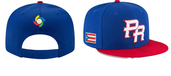 Blue Puerto Rico baseball cap with 'PR' logo, red bill, Puerto Rican flag patch, and New Era branding.