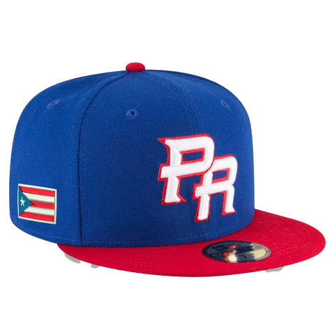 Blue Puerto Rico baseball cap with 'PR' logo, red bill, Puerto Rican flag patch, and New Era branding.