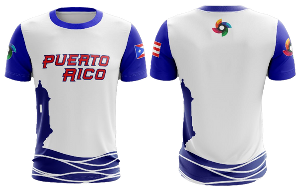 Front and back view of a men's T-shirt with 'Puerto Rico' text and a baseball graphic design in blue and white colors.