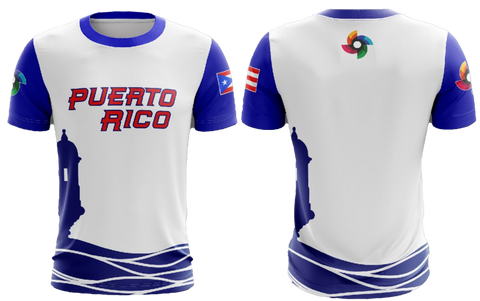 Front and back view of a men's T-shirt with 'Puerto Rico' text and a baseball graphic design in blue and white colors.