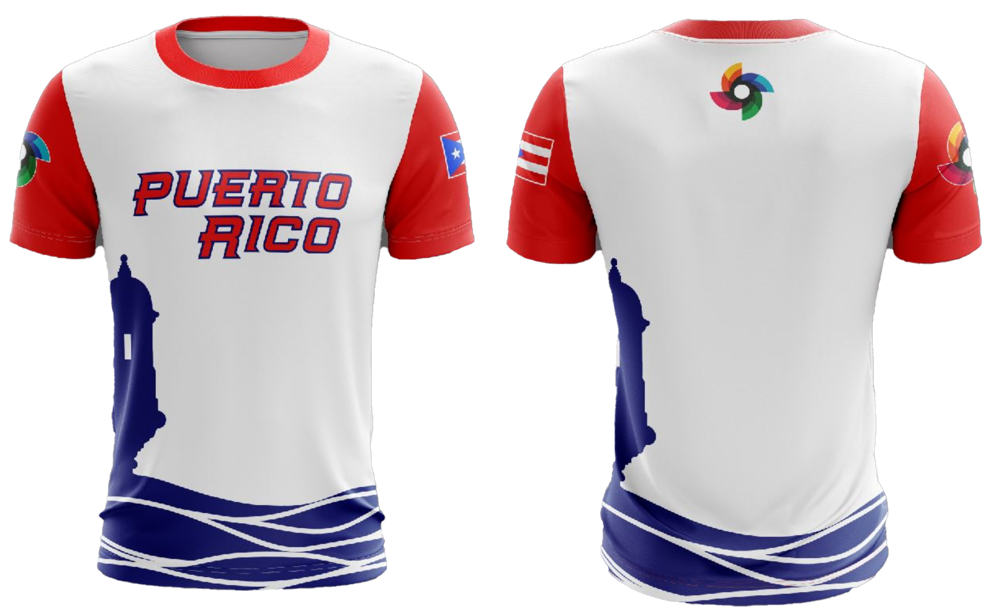 A white baseball jersey with blue sleeves and trim, featuring the text "Puerto Rico" in bold red across the chest. The design includes a blue silhouette of the Puerto Rico map on the left side, a colorful logo on the left sleeve, and the Puerto Rican flag on the right sleeve. The hem has blue and white wave-like patterns.