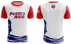 A white baseball jersey with blue sleeves and trim, featuring the text "Puerto Rico" in bold red across the chest. The design includes a blue silhouette of the Puerto Rico map on the left side, a colorful logo on the left sleeve, and the Puerto Rican flag on the right sleeve. The hem has blue and white wave-like patterns.