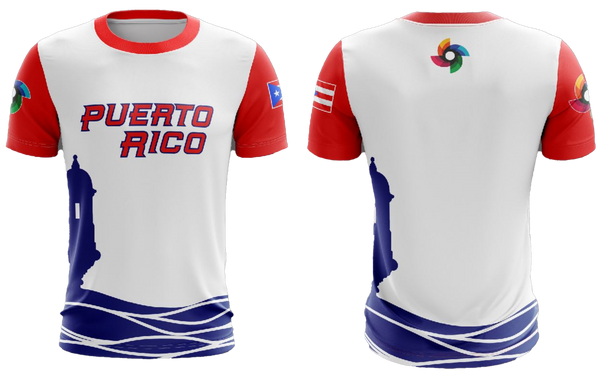 A white baseball jersey with blue sleeves and trim, featuring the text "Puerto Rico" in bold red across the chest. The design includes a blue silhouette of the Puerto Rico map on the left side, a colorful logo on the left sleeve, and the Puerto Rican flag on the right sleeve. The hem has blue and white wave-like patterns.