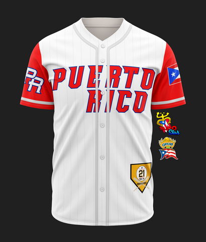 A short-sleeved baseball jersey with 'PUERTO RICO' text on the front, featuring red and blue accents, and a graphic of a baseball and the Puerto Rican flag.