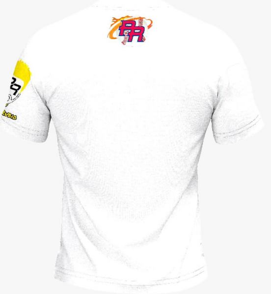 Puerto Rico baseball power t-shirt featuring a dynamic white design with red and blue lightning bolts, a star, "Puerto Rico" text, and a silhouette of a batter hitting a ball with "PR" logo, perfect for sports fans in 2025.