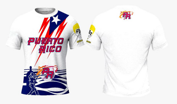 Puerto Rico baseball power t-shirt featuring a dynamic white design with red and blue lightning bolts, a star, "Puerto Rico" text, and a silhouette of a batter hitting a ball with "PR" logo, perfect for sports fans in 2025.