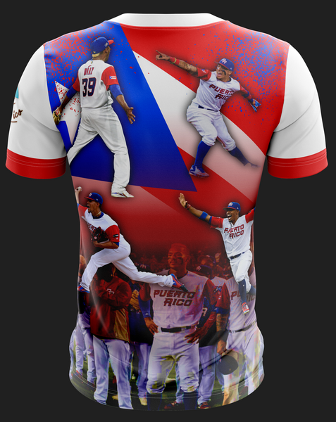 Puerto Rico baseball t-shirt featuring a vibrant red, white, and blue design with a large star, "Puerto Rico" text, and images of celebrating baseball players in uniform, perfect for sports fans in 2025.