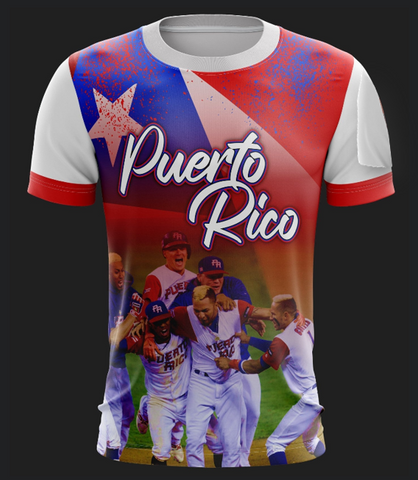 Puerto Rico baseball t-shirt featuring a vibrant red, white, and blue design with a large star, "Puerto Rico" text, and images of celebrating baseball players in uniform, perfect for sports fans in 2025.