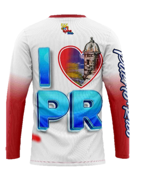 Long-sleeve Puerto Rico T-shirt with boat design featuring the Puerto Rican flag and historic tower image.