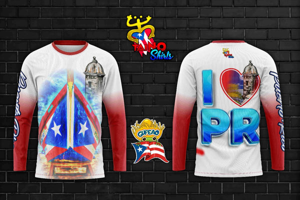 Long-sleeve Puerto Rico T-shirt with boat design featuring the Puerto Rican flag and historic tower image.