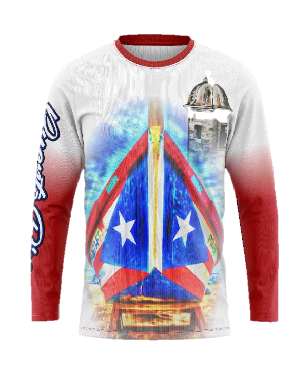 A long sleeve shirt with a graphic design featuring a boat and the Puerto Rican flag.