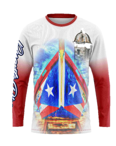 A long sleeve shirt with a graphic design featuring a boat and the Puerto Rican flag.