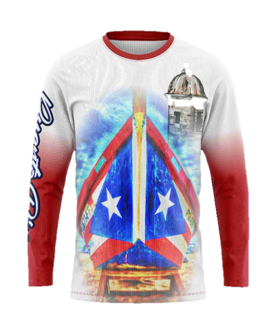 A long sleeve shirt with a graphic design featuring a boat and the Puerto Rican flag.