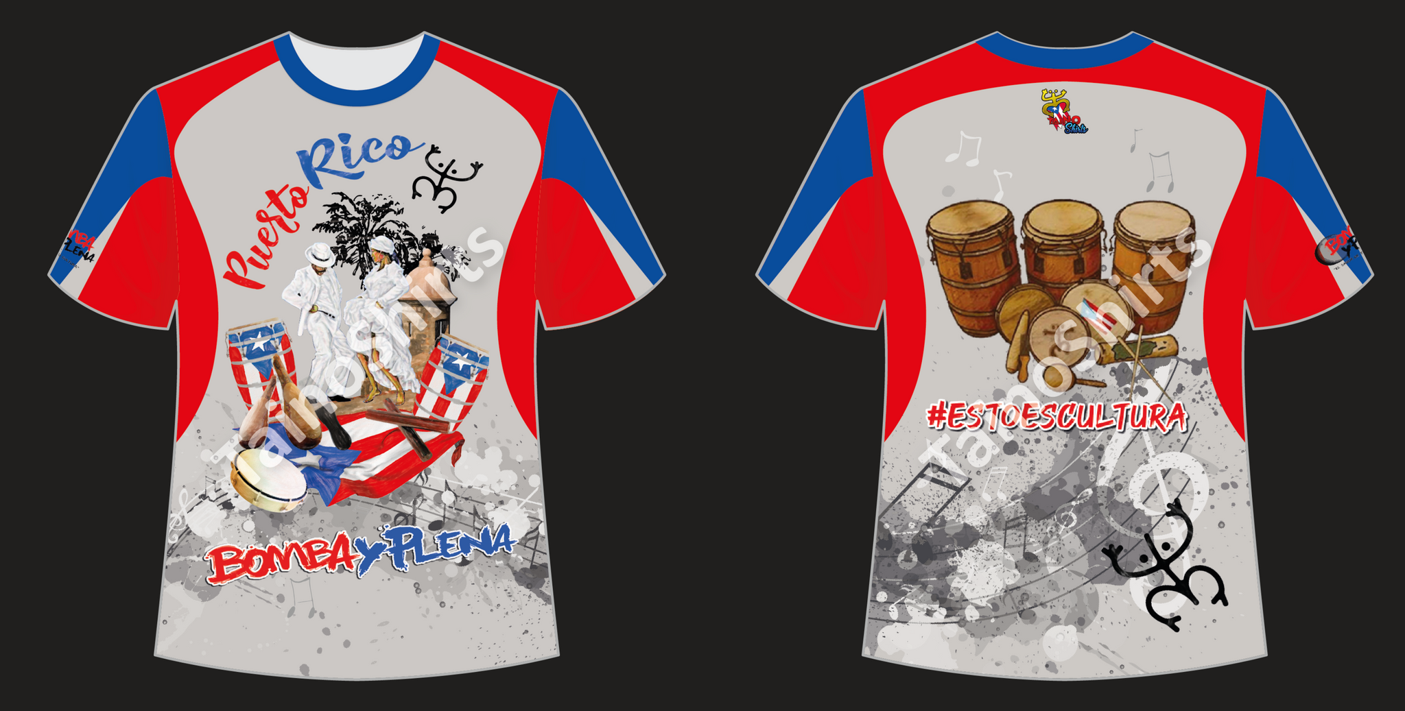 A vibrant t-shirt celebrating Puerto Rican Bomba y Plena with dancers, drums, and the Puerto Rican flag, featuring '#estosescultura' on the back. Designed for cultural enthusiasts and collectors.