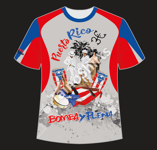 A unisex T-shirt featuring a graphic design with the words 'Bomba y Plena', the Puerto Rican flag colors, and cultural imagery.